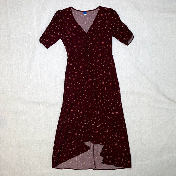 Old Navy | Burgundy Ditsy Floral Puff-Sleeve V-Neck Crepe Midi Dress | Small - Picture 3 of 11